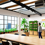 Sustainable Trade Startup**

Prompt: `Eco-friendly trade startup office, sustainable products displayed, solar panels on the roof, diverse team collaborating, lush green plants, bright and modern, SDGs icons subtly integrated, focus on ethical sourcing and fair trade, Japanese aesthetic.`

**
