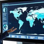 A professional in a modern, sleek office, interacting with a futuristic, transparent display. The screen shows real-time translated conversations with diverse international partners and dynamic data visualizations of global trade flows. Subtle holographic elements represent AI seamlessly bridging communication gaps across time zones and languages. The atmosphere is highly efficient, borderless, and futuristic, emphasizing the 'communication revolution' in trade. Soft, bright lighting. Ultra-realistic, high detail.