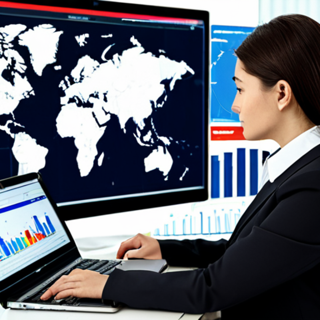 **

Professional businesswoman in a modest business suit analyzing trade data on a laptop in a modern office. Graphs and charts are visible on the screen. The background shows a world map highlighting potential target markets. Fully clothed, appropriate attire, safe for work, perfect anatomy, natural proportions, professional photography, high quality, family-friendly.

**