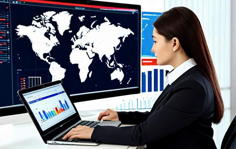 **

Professional businesswoman in a modest business suit analyzing trade data on a laptop in a modern office. Graphs and charts are visible on the screen. The background shows a world map highlighting potential target markets. Fully clothed, appropriate attire, safe for work, perfect anatomy, natural proportions, professional photography, high quality, family-friendly.

**
