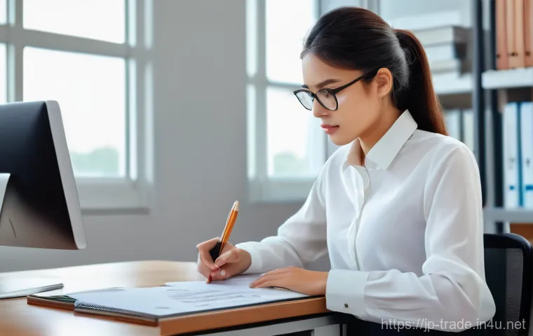 국제무역사 시험 과목별 공부법 - A focused young professional, dressed in smart business casual attire (e.g., a crisp button-down shi...