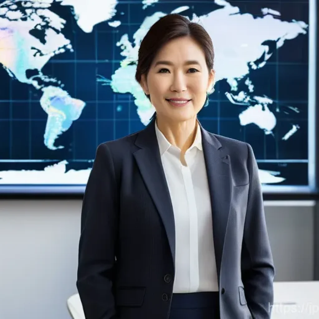 무역업계 성공 사례 분석 - A determined Japanese male or female entrepreneur, mid-40s, wearing smart business casual attire, st...