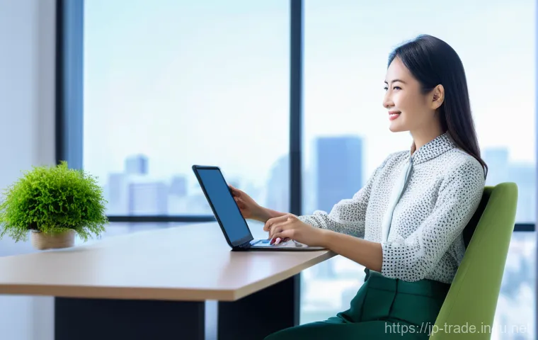 무역 실무자의 업무 효율화 방법 - **Prompt 1: The Modern Digital Trade Professional**
    "A vibrant, eye-level shot inside a sleek, m...