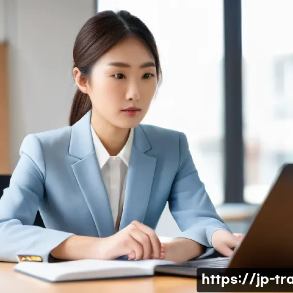 무역업계 자격증 취득 성공담 - **Prompt:** A young Japanese woman in her late 20s, dressed in a smart business casual outfit consis...