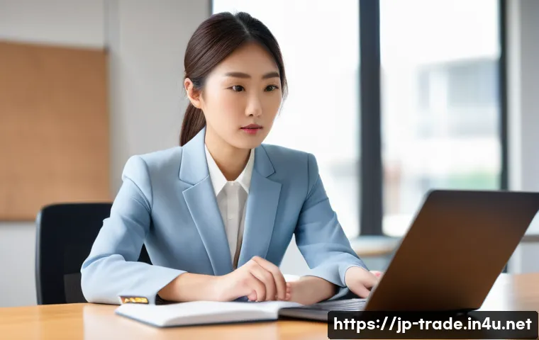 무역업계 자격증 취득 성공담 - **Prompt:** A young Japanese woman in her late 20s, dressed in a smart business casual outfit consis...