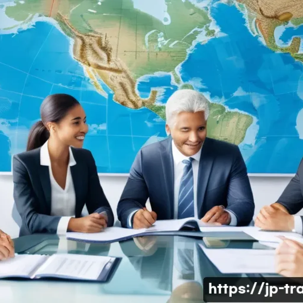 무역학과 졸업 후 진로 - A modern multinational business office scene featuring diverse professionals engaged in internationa...