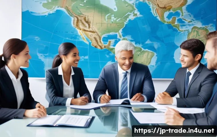 무역학과 졸업 후 진로 - A modern multinational business office scene featuring diverse professionals engaged in internationa...