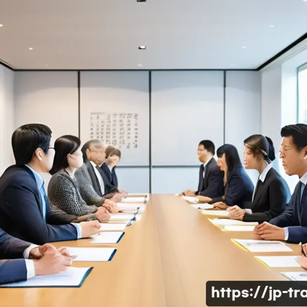 무역 실무의 현장 경험 공유 - A professional business meeting scene between diverse Japanese and international trade partners in a...