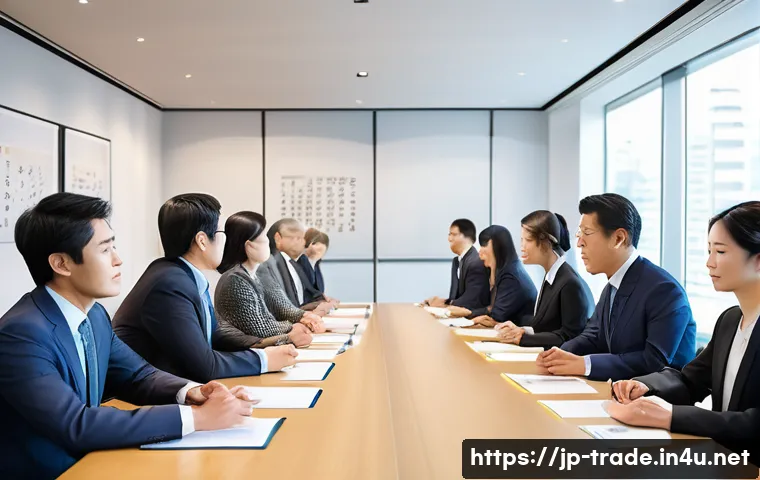 무역 실무의 현장 경험 공유 - A professional business meeting scene between diverse Japanese and international trade partners in a...
