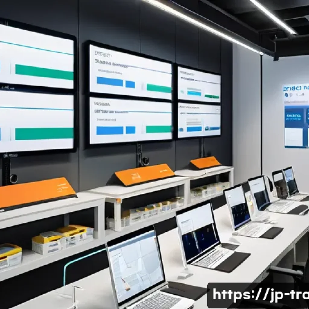 무역 실무를 위한 ERP 시스템 - A modern Japanese office environment showcasing a diverse team of professionals collaborating around...