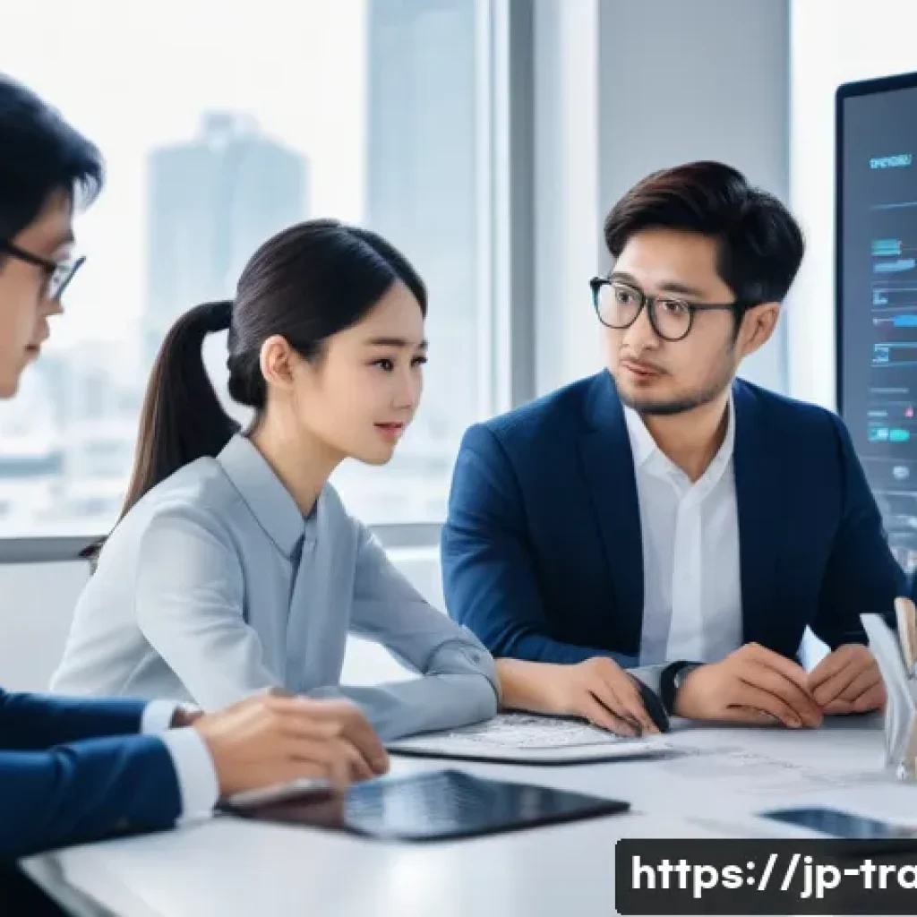 무역업계 스타트업 아이디어 - A modern digital trade startup office scene in Japan, featuring a diverse team of young professional...