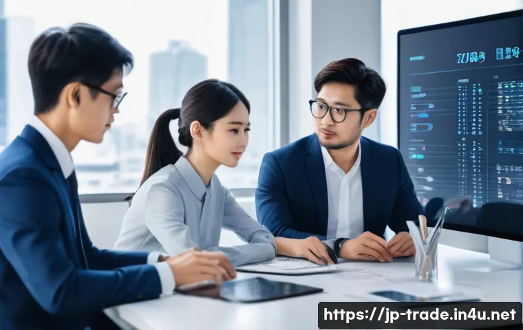 무역업계 스타트업 아이디어 - A modern digital trade startup office scene in Japan, featuring a diverse team of young professional...