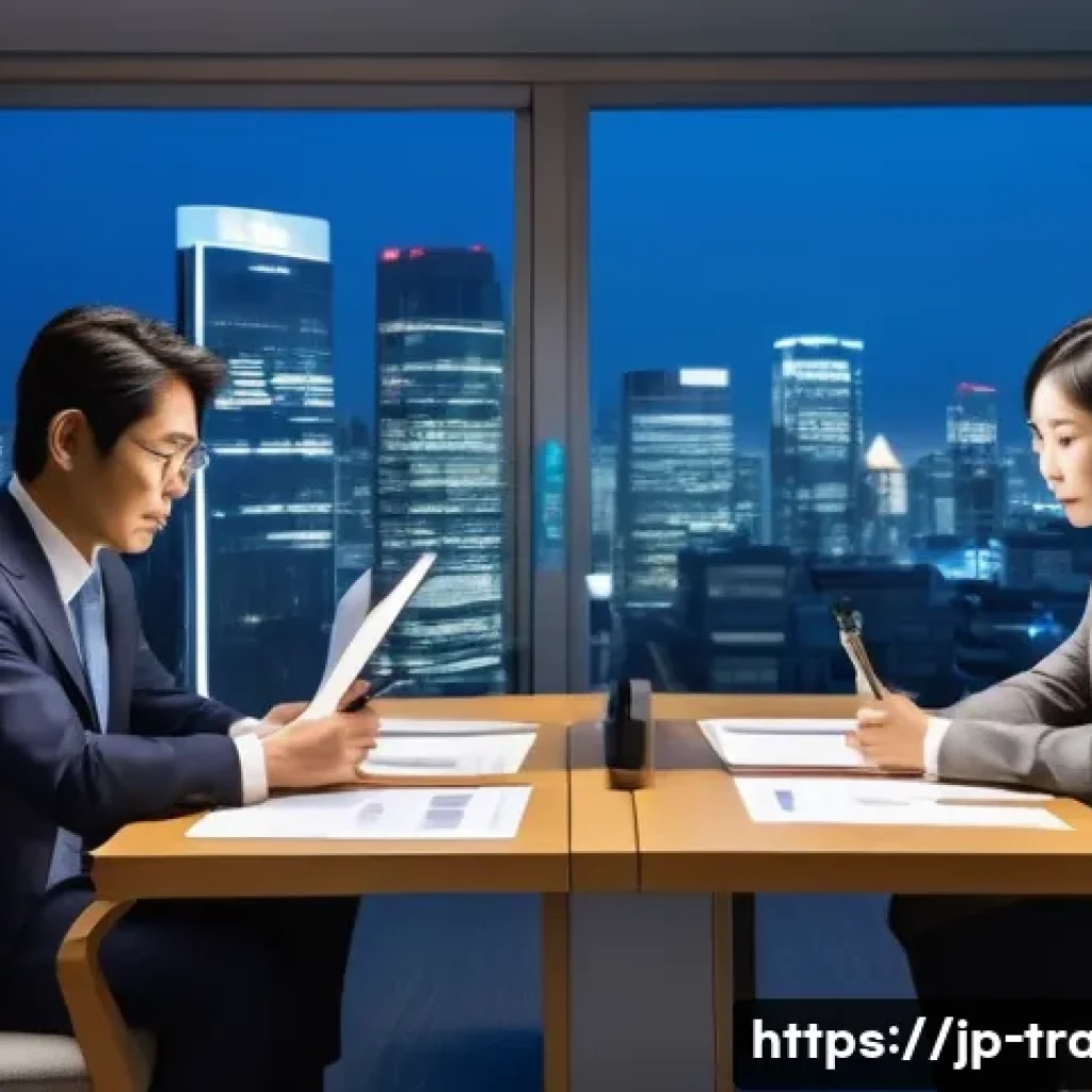 국제 무역 프로세스 이해 - A detailed business meeting scene between Japanese and Western professionals negotiating an internat...