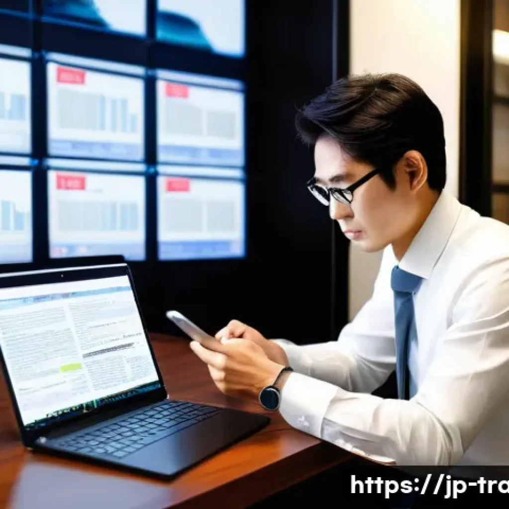 무역 실무자의 자기계발 방법 - A modern Japanese office scene with a focused business professional using a smartphone and laptop to...