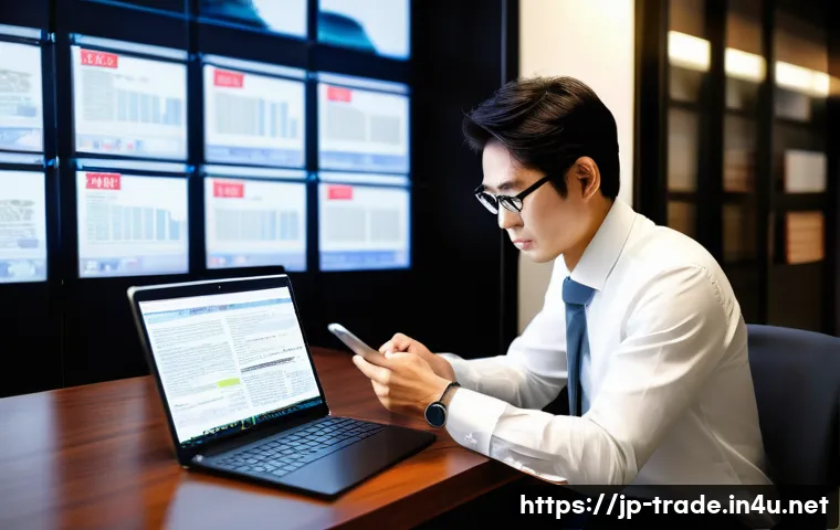 무역 실무자의 자기계발 방법 - A modern Japanese office scene with a focused business professional using a smartphone and laptop to...