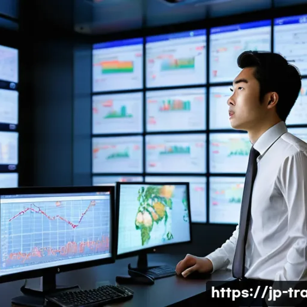 무역 거래에서의 리스크 관리 - A modern Japanese business office scene showing a professional Japanese man in a suit analyzing curr...