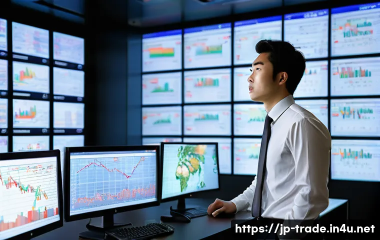 무역 거래에서의 리스크 관리 - A modern Japanese business office scene showing a professional Japanese man in a suit analyzing curr...