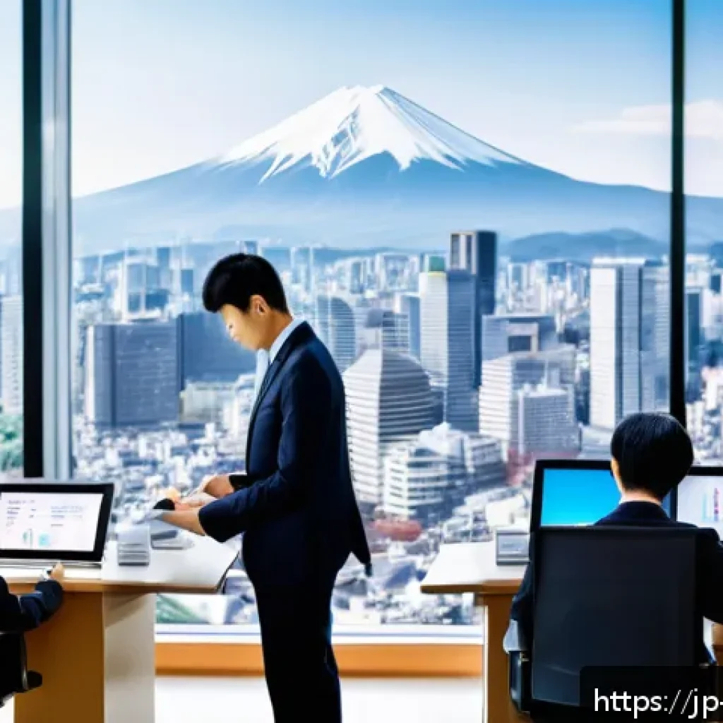 국제무역사 시험 중점 과목 - A modern Japanese office scene showing a diverse group of professional men and women in business att...