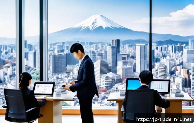 국제무역사 시험 중점 과목 - A modern Japanese office scene showing a diverse group of professional men and women in business att...