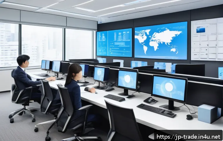 무역 실무에서의 국제 규정 이해 - A modern office scene showing diverse Japanese business professionals collaborating on international...