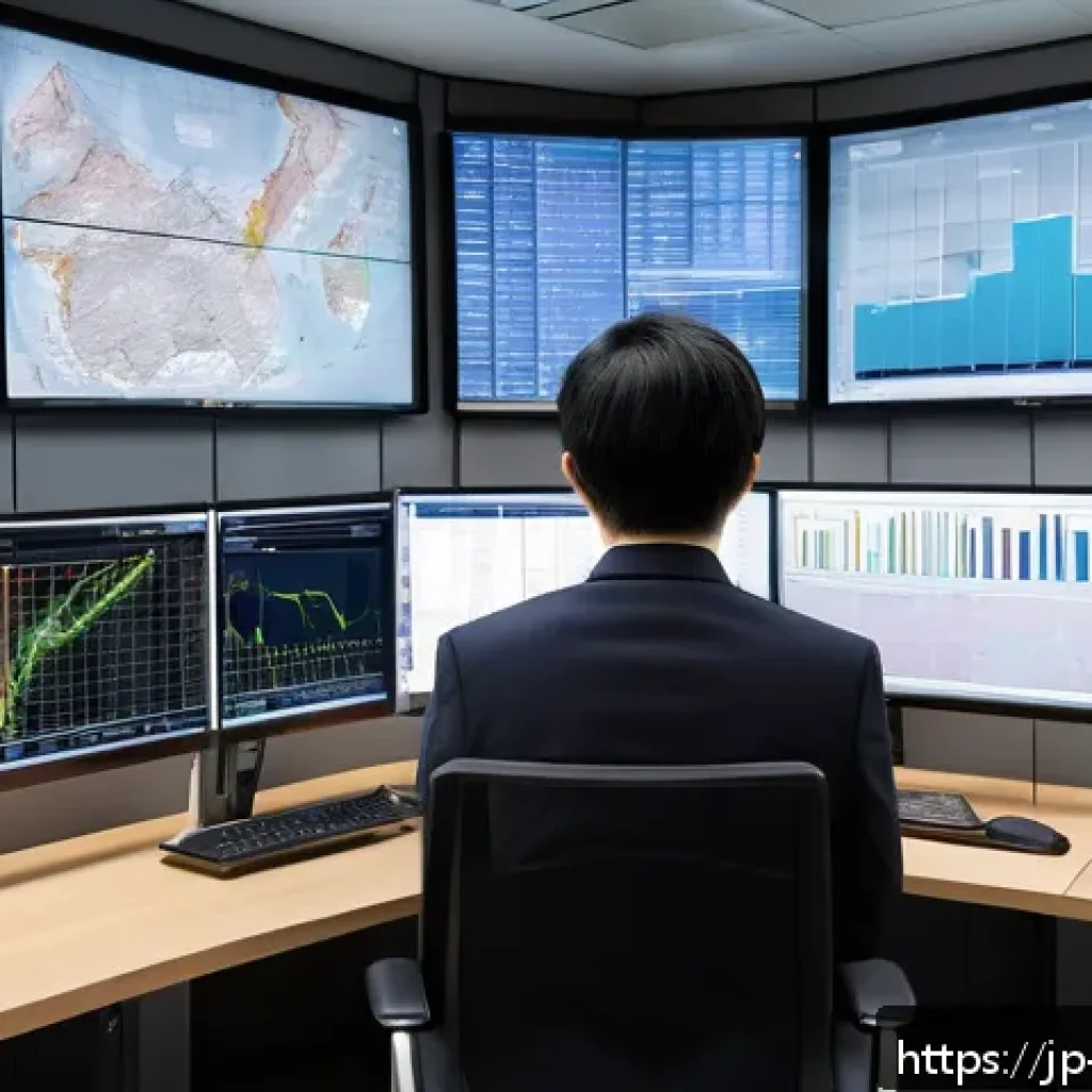 수출입 비용 관리 전략 - A modern Japanese logistics control room scene with multiple monitors displaying real-time export an...