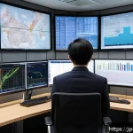 수출입 비용 관리 전략 - A modern Japanese logistics control room scene with multiple monitors displaying real-time export an...