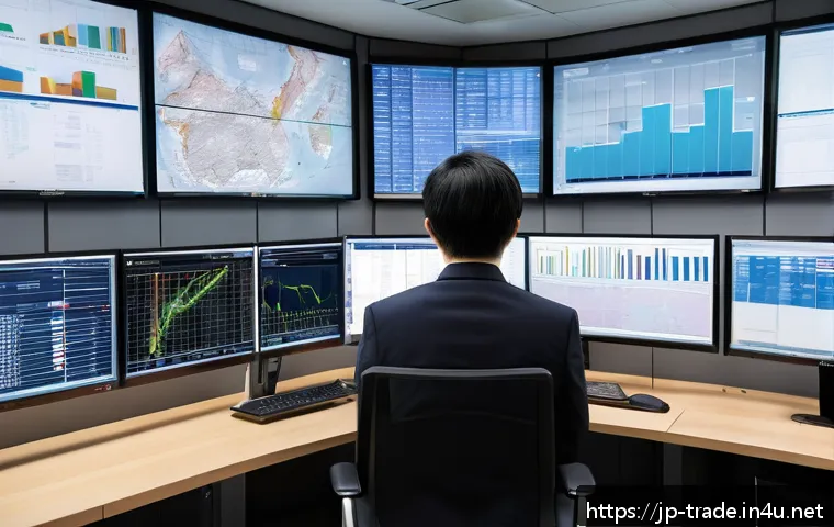 수출입 비용 관리 전략 - A modern Japanese logistics control room scene with multiple monitors displaying real-time export an...