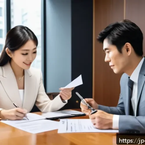 무역 실무에서 발생하는 문제 해결법 - A modern Japanese business office scene showing two professionals&mdash;one Japanese man and one Japanese ...