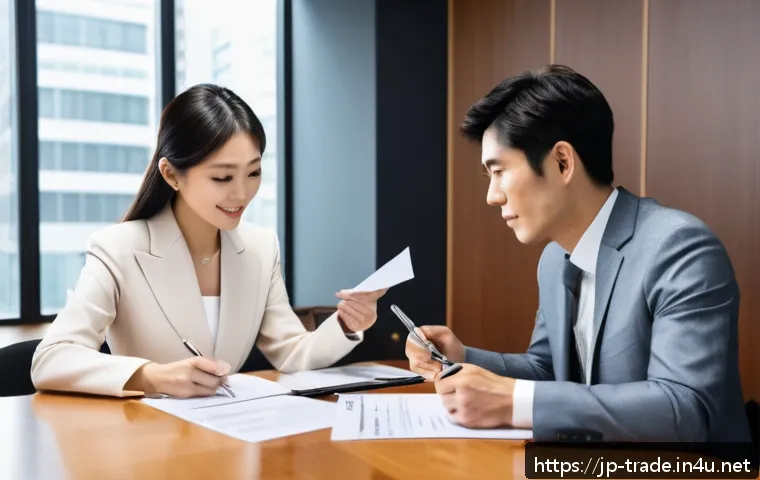 무역 실무에서 발생하는 문제 해결법 - A modern Japanese business office scene showing two professionals&mdash;one Japanese man and one Japanese ...
