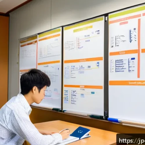 국제무역사 필기시험 준비 노하우 - A modern Japanese study room with a young adult studying diligently at a desk, surrounded by open te...