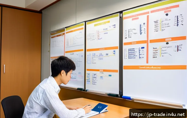 국제무역사 필기시험 준비 노하우 - A modern Japanese study room with a young adult studying diligently at a desk, surrounded by open te...