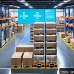 수출입 물류 관리 자동화 사례 - A modern smart warehouse interior bustling with activity: AI-controlled robotic arms swiftly picking...
