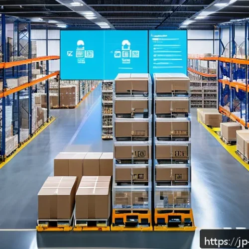 수출입 물류 관리 자동화 사례 - A modern smart warehouse interior bustling with activity: AI-controlled robotic arms swiftly picking...