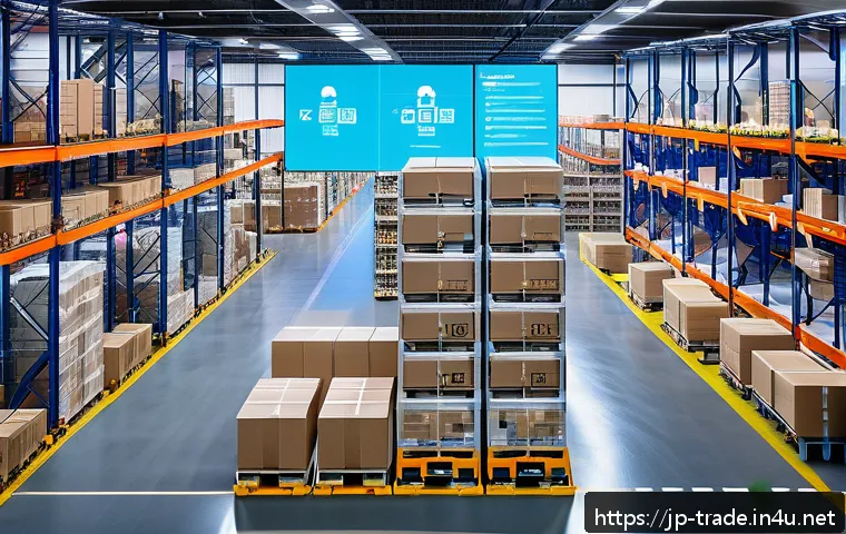 수출입 물류 관리 자동화 사례 - A modern smart warehouse interior bustling with activity: AI-controlled robotic arms swiftly picking...