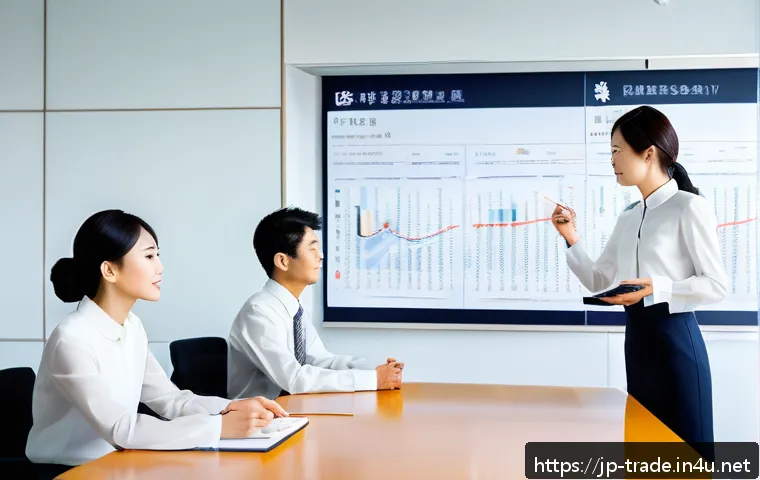 무역 자격증 후 실무 적용법 - A modern Japanese office scene depicting a diverse group of professionals engaged in precise communi...