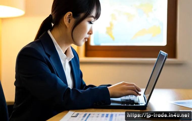 무역 실무자가 활용할 수 있는 유용한 웹사이트 - Photorealistic Japanese trade professional at a clean modern office desk, reviewing a laptop with an...