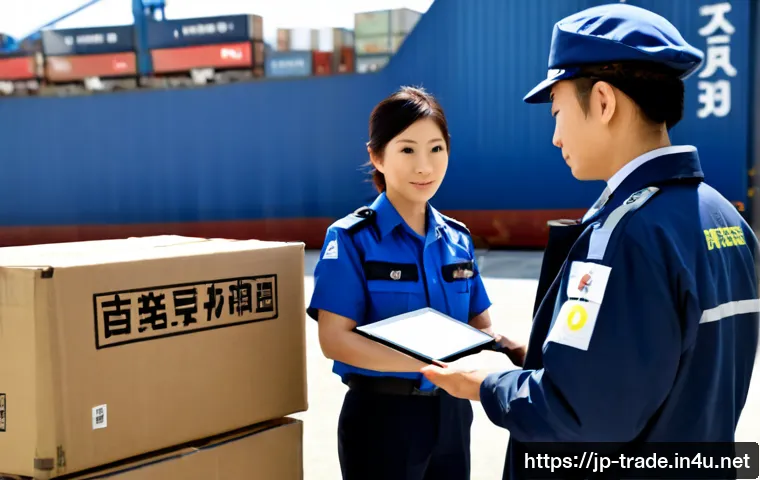 수출입 통관 절차 완벽 가이드 - Photorealistic Japanese import-export customs inspection scene at a modern cargo terminal, customs o...