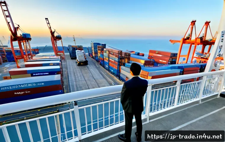 국제무역사의 미래 전망 - Photorealistic modern international trade hub at a Japanese seaport, diverse cargo containers, autom...