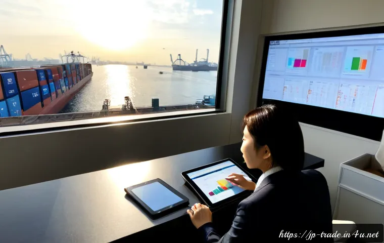 무역 마케팅에서의 온라인 활용 - Photorealistic international trade marketing workspace in Tokyo, Japanese business professional revi...