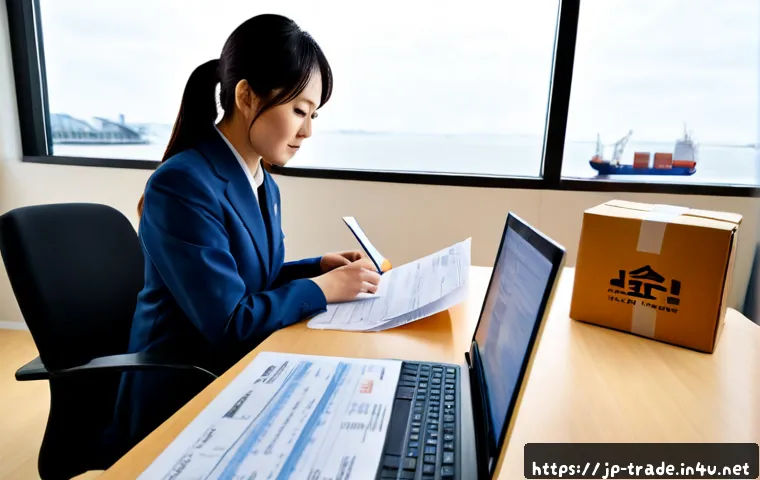 수출입 업무의 기본 - Photorealistic import-export office scene in Japan, a professional Japanese logistics coordinator se...